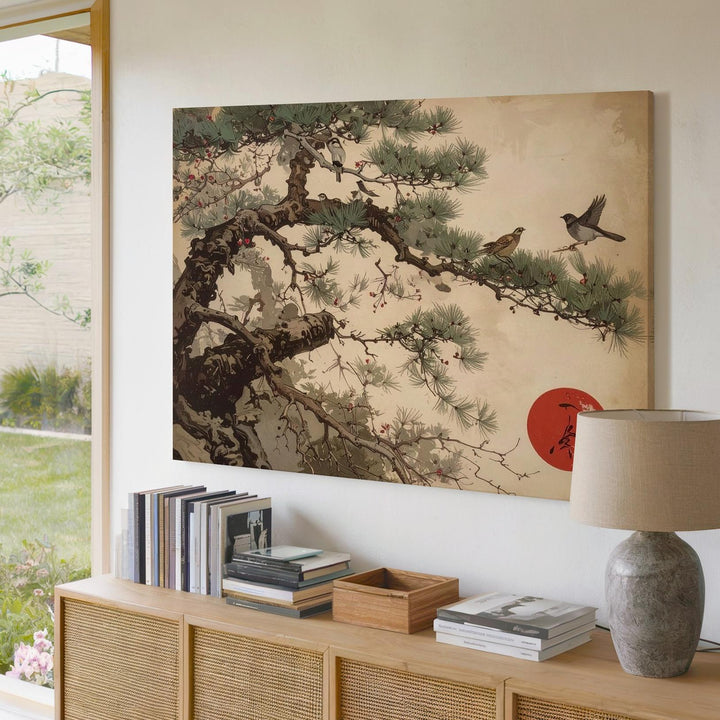Sparrows on Pine Canvas – Traditional Japanese Ink Nature Art - Gifitto