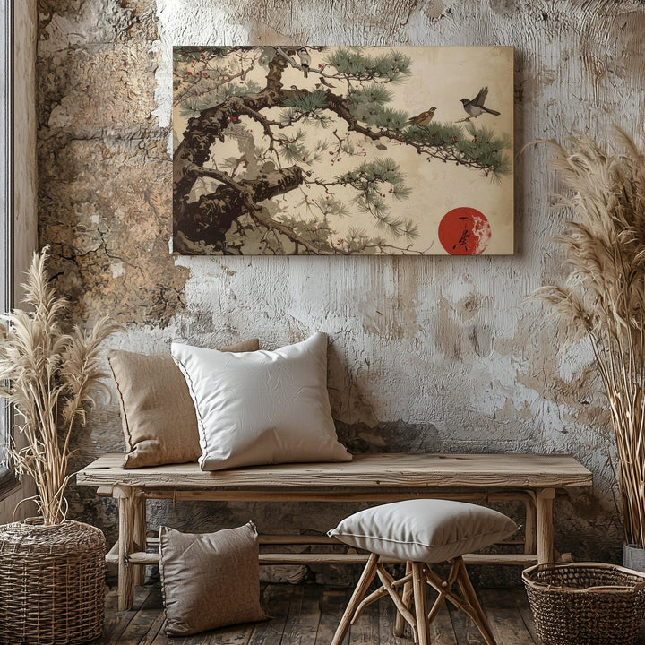 Sparrows on Pine Canvas – Traditional Japanese Ink Nature Art - Gifitto