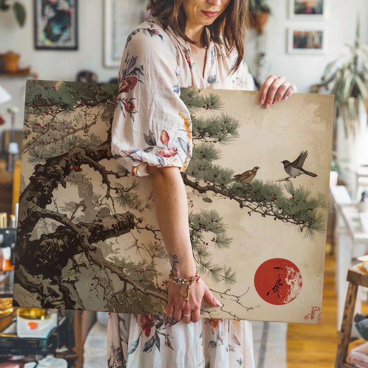 Sparrows on Pine Canvas – Traditional Japanese Ink Nature Art - Gifitto