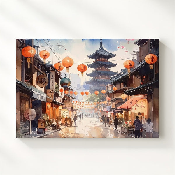 Lantern Street in Bloom Canvas – Watercolor Japanese Festival Scene - Gifitto