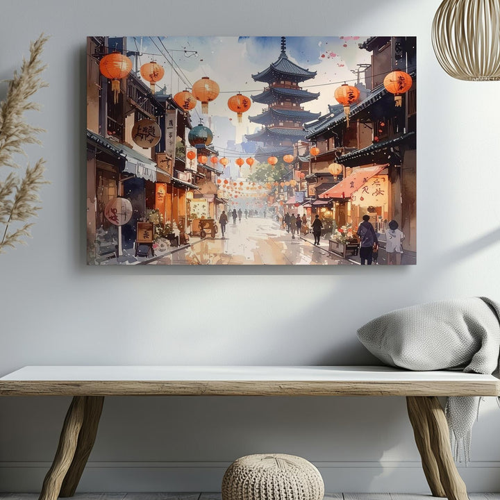 Lantern Street in Bloom Canvas – Watercolor Japanese Festival Scene - Gifitto