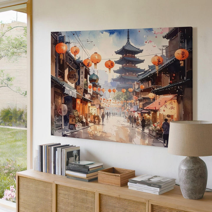 Lantern Street in Bloom Canvas – Watercolor Japanese Festival Scene - Gifitto