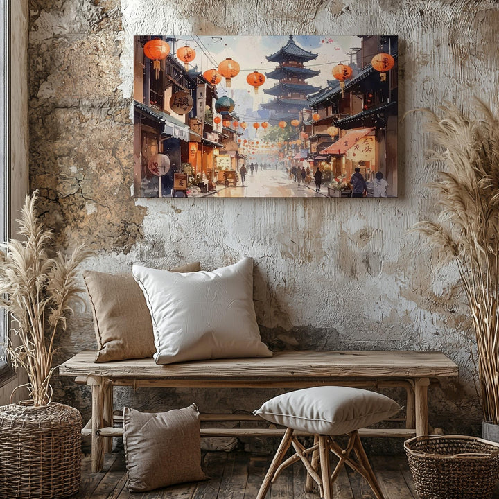Lantern Street in Bloom Canvas – Watercolor Japanese Festival Scene - Gifitto