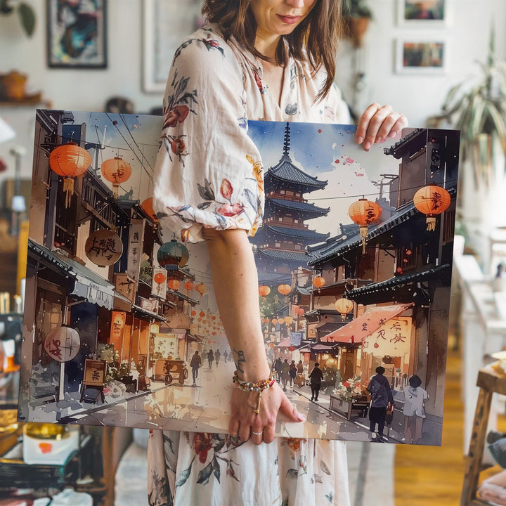 Lantern Street in Bloom Canvas – Watercolor Japanese Festival Scene - Gifitto
