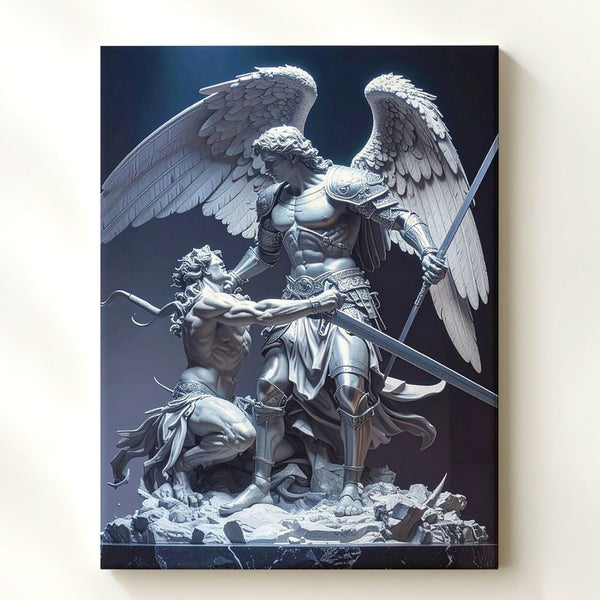 Archangel Michael Defeating Demon Canvas – Divine Justice in Dramatic Sculpture - Gifitto