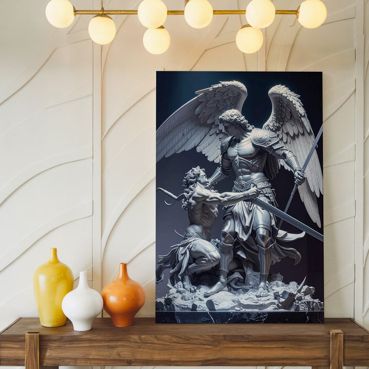 Archangel Michael Defeating Demon Canvas – Divine Justice in Dramatic Sculpture - Gifitto