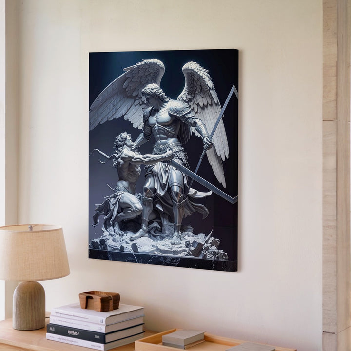 Archangel Michael Defeating Demon Canvas – Divine Justice in Dramatic Sculpture - Gifitto