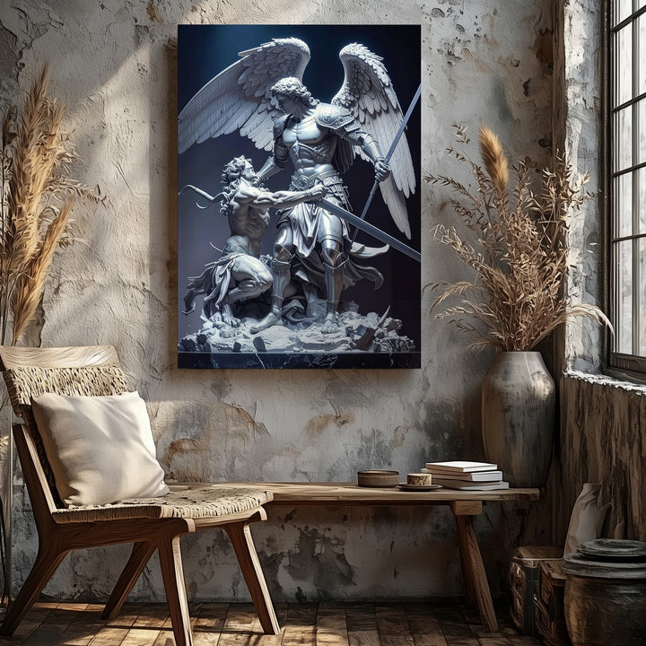 Archangel Michael Defeating Demon Canvas – Divine Justice in Dramatic Sculpture - Gifitto