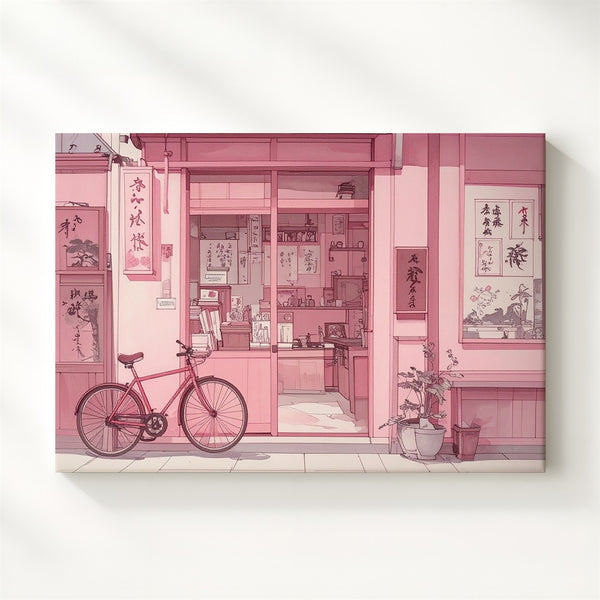 Pink Sketch Japanese Shopfront Canvas – Minimal Line Art with Nostalgic Charm - Gifitto