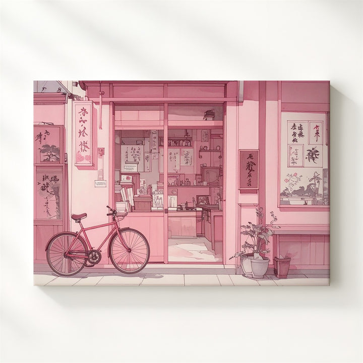 Pink Sketch Japanese Shopfront Canvas – Minimal Line Art with Nostalgic Charm - Gifitto