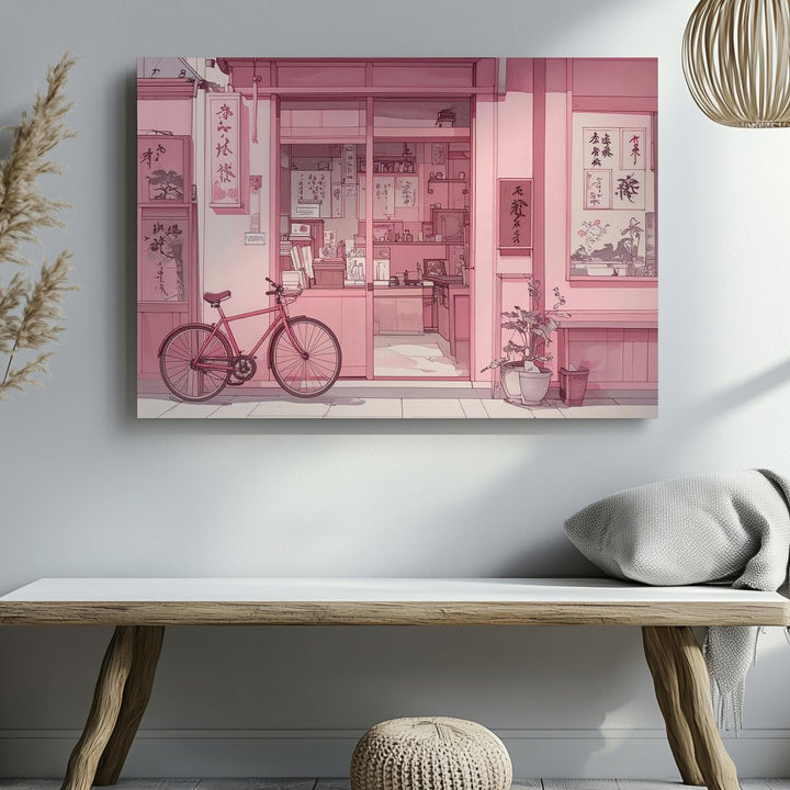 Pink Sketch Japanese Shopfront Canvas – Minimal Line Art with Nostalgic Charm - Gifitto