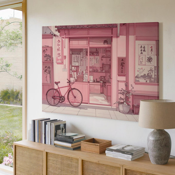 Pink Sketch Japanese Shopfront Canvas – Minimal Line Art with Nostalgic Charm - Gifitto