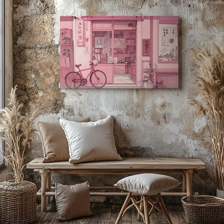 Pink Sketch Japanese Shopfront Canvas – Minimal Line Art with Nostalgic Charm - Gifitto
