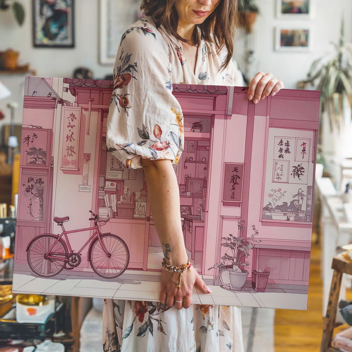 Pink Sketch Japanese Shopfront Canvas – Minimal Line Art with Nostalgic Charm - Gifitto