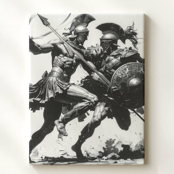 Greco-Roman Warriors Combat Canvas – Black and White Battle Illustration - Gifitto