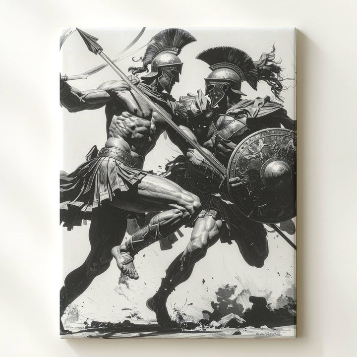 Greco-Roman Warriors Combat Canvas – Black and White Battle Illustration - Gifitto