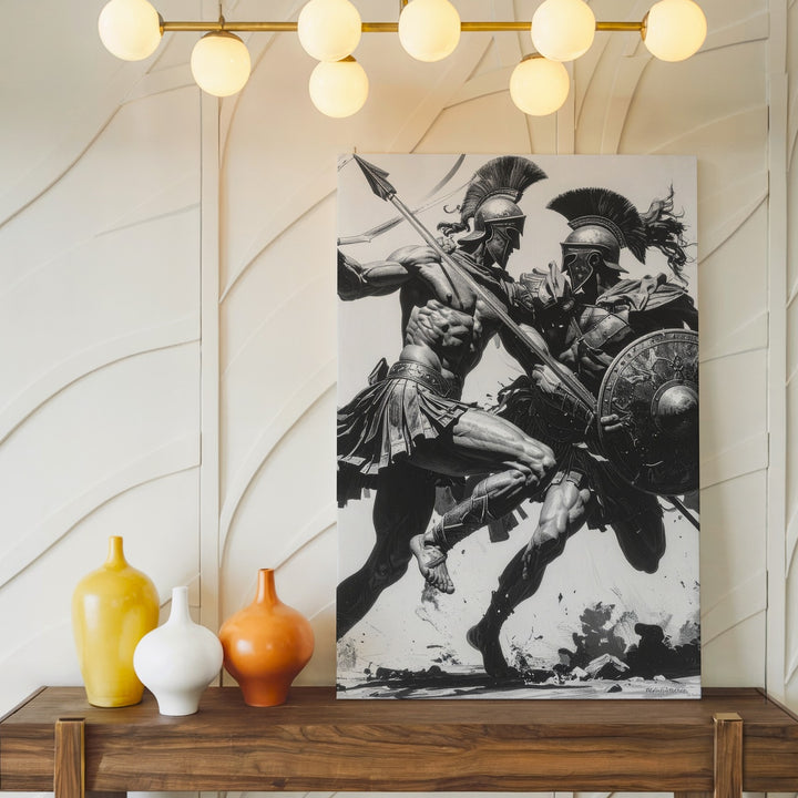 Greco-Roman Warriors Combat Canvas – Black and White Battle Illustration - Gifitto