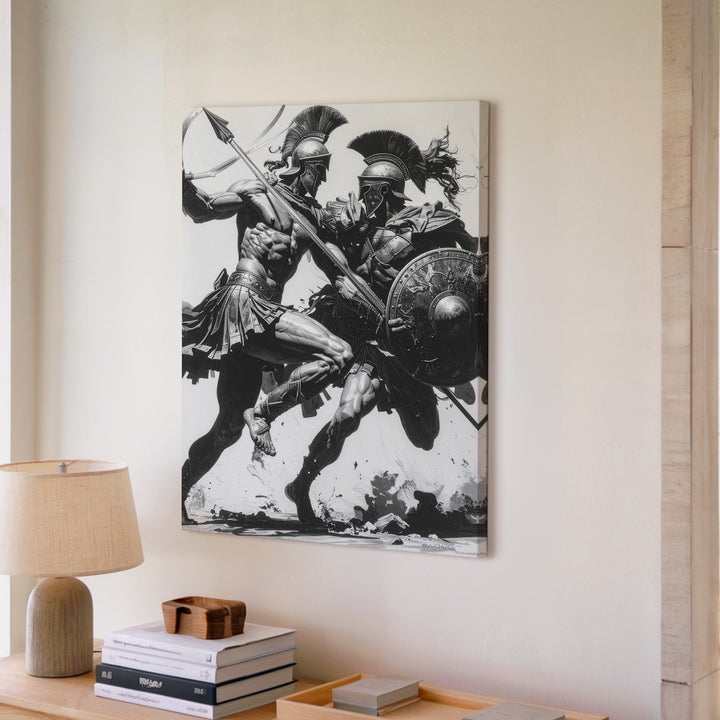 Greco-Roman Warriors Combat Canvas – Black and White Battle Illustration - Gifitto