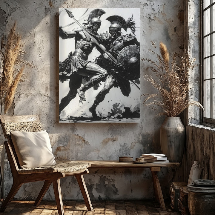 Greco-Roman Warriors Combat Canvas – Black and White Battle Illustration - Gifitto