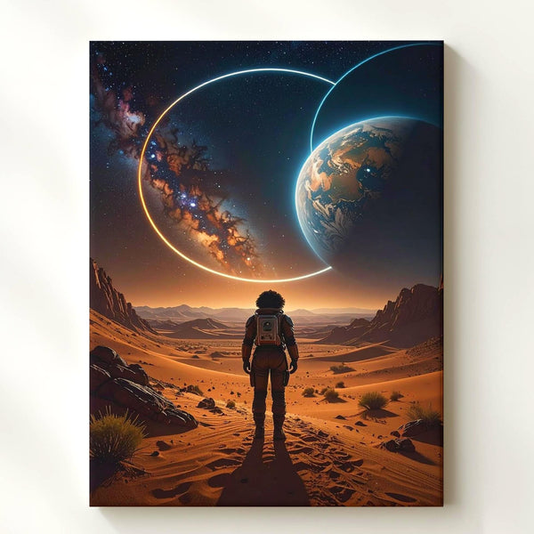 Astronaut on Barren Planet Canvas – Celestial Isolation with Glowing Rings - Gifitto
