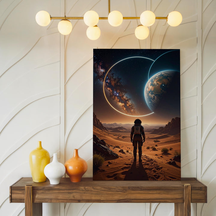 Astronaut on Barren Planet Canvas – Celestial Isolation with Glowing Rings - Gifitto