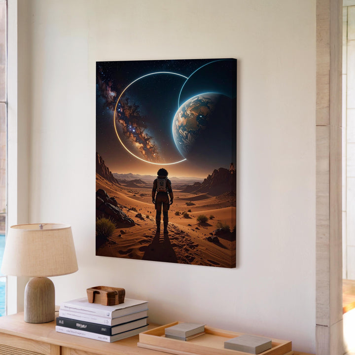Astronaut on Barren Planet Canvas – Celestial Isolation with Glowing Rings - Gifitto