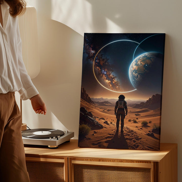 Astronaut on Barren Planet Canvas – Celestial Isolation with Glowing Rings - Gifitto