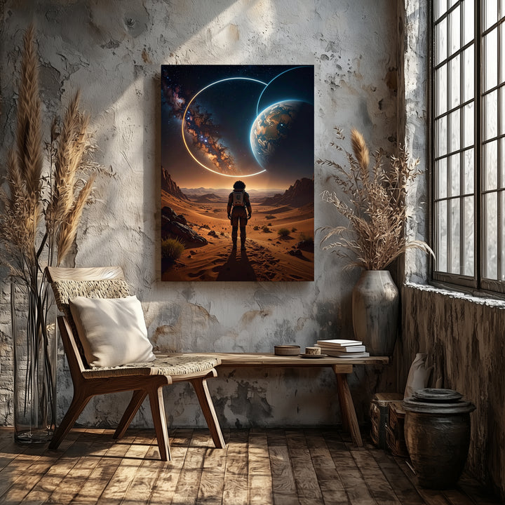 Astronaut on Barren Planet Canvas – Celestial Isolation with Glowing Rings - Gifitto