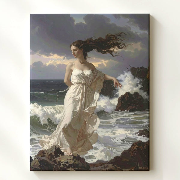 Elemental Grace Canvas – Woman on Rocky Coastline with Stormy Waves - Gifitto