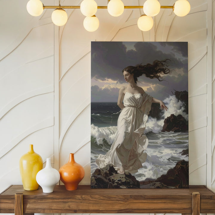 Elemental Grace Canvas – Woman on Rocky Coastline with Stormy Waves - Gifitto