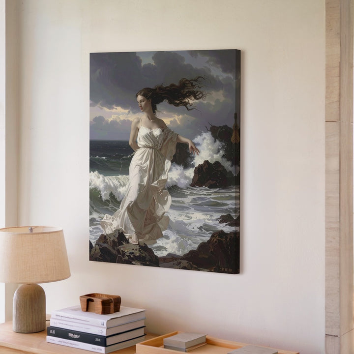 Elemental Grace Canvas – Woman on Rocky Coastline with Stormy Waves - Gifitto
