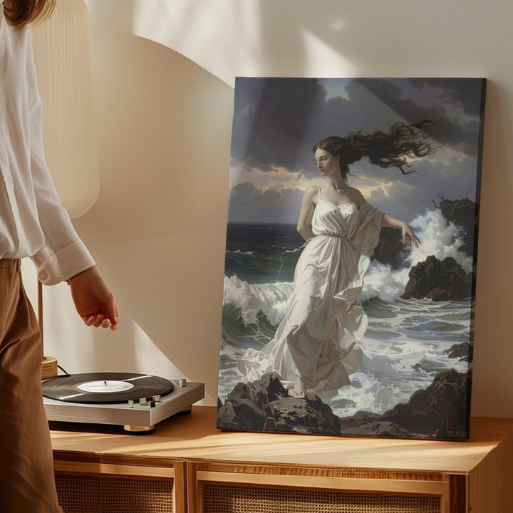 Elemental Grace Canvas – Woman on Rocky Coastline with Stormy Waves - Gifitto