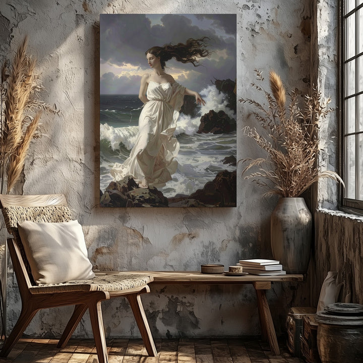 Elemental Grace Canvas – Woman on Rocky Coastline with Stormy Waves - Gifitto