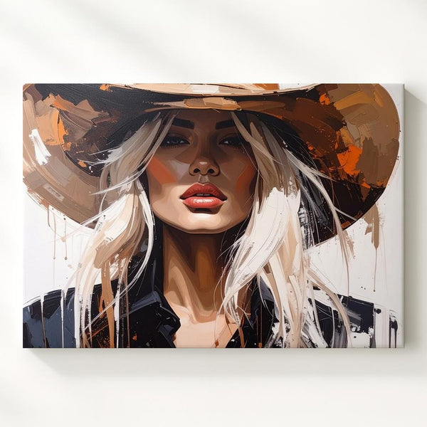 Abstract Western Woman Canvas – Bold Portrait in Cowboy Hat & Expressive Brushstrokes - Gifitto