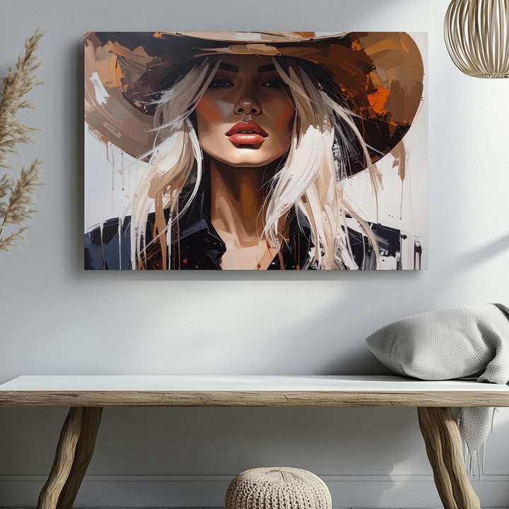 Abstract Western Woman Canvas – Bold Portrait in Cowboy Hat & Expressive Brushstrokes - Gifitto