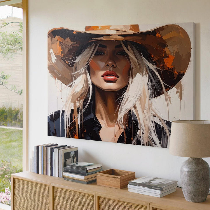 Abstract Western Woman Canvas – Bold Portrait in Cowboy Hat & Expressive Brushstrokes - Gifitto