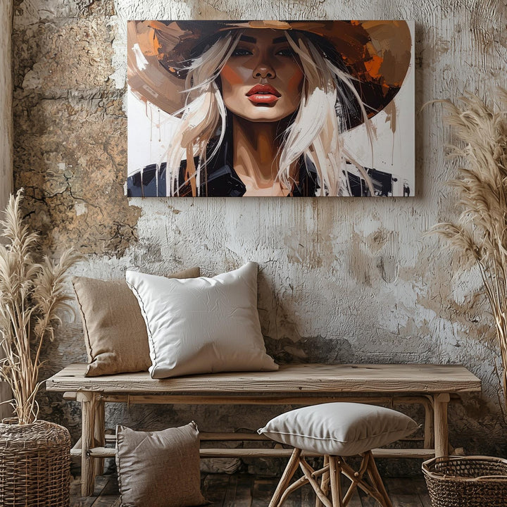 Abstract Western Woman Canvas – Bold Portrait in Cowboy Hat & Expressive Brushstrokes - Gifitto