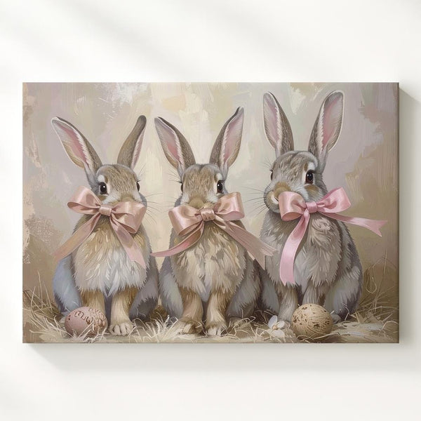 Triple Bunny Canvas with Pink Ribbons – Playful Spring Wall Art - Gifitto