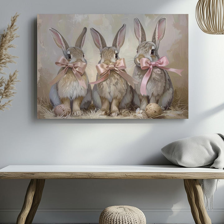 Triple Bunny Canvas with Pink Ribbons – Playful Spring Wall Art - Gifitto