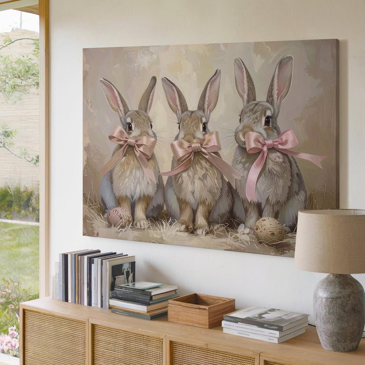 Triple Bunny Canvas with Pink Ribbons – Playful Spring Wall Art - Gifitto