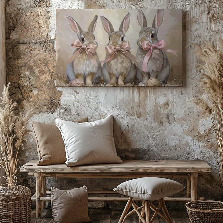 Triple Bunny Canvas with Pink Ribbons – Playful Spring Wall Art - Gifitto