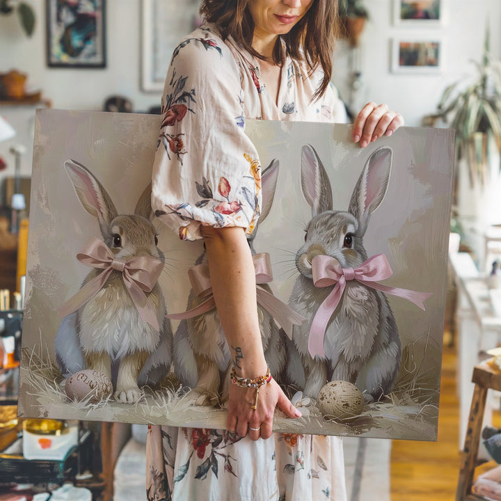 Triple Bunny Canvas with Pink Ribbons – Playful Spring Wall Art - Gifitto