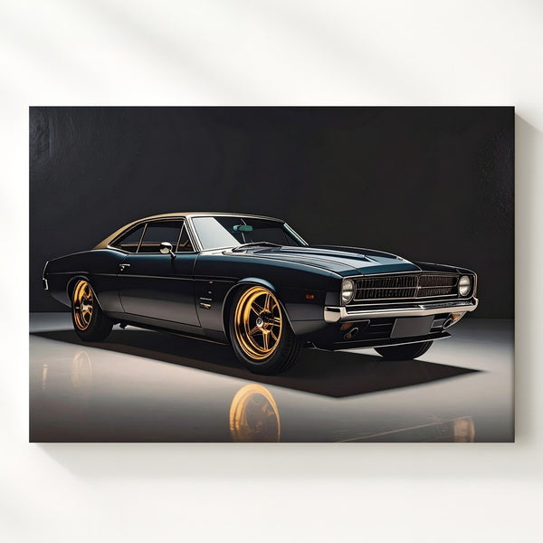 Matte Black Restomod Muscle Car Canvas – Golden Rims in Studio Spotlight - Gifitto