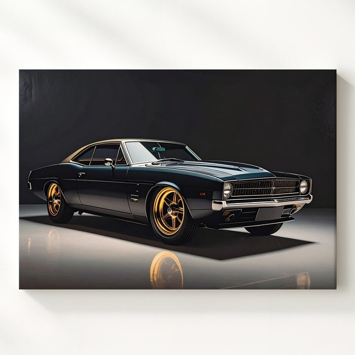 Matte Black Restomod Muscle Car Canvas – Golden Rims in Studio Spotlight - Gifitto