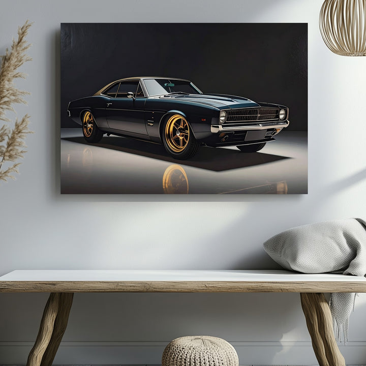 Matte Black Restomod Muscle Car Canvas – Golden Rims in Studio Spotlight - Gifitto