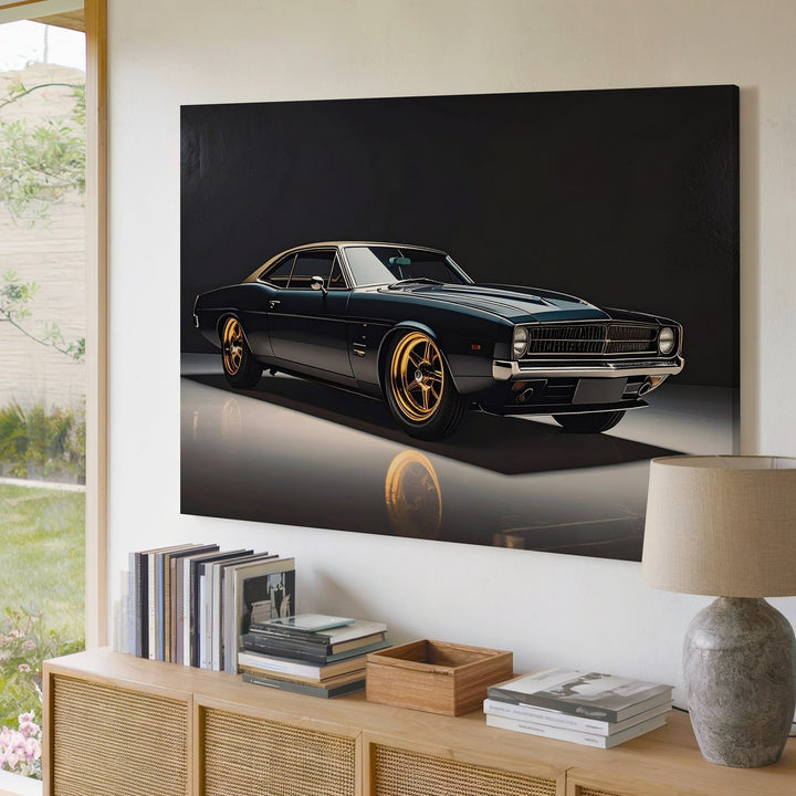Matte Black Restomod Muscle Car Canvas – Golden Rims in Studio Spotlight - Gifitto