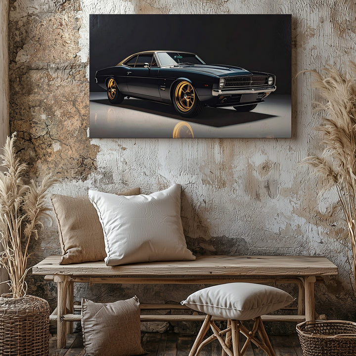 Matte Black Restomod Muscle Car Canvas – Golden Rims in Studio Spotlight - Gifitto