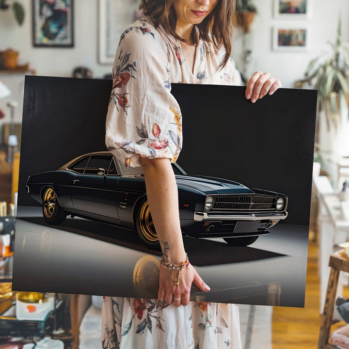 Matte Black Restomod Muscle Car Canvas – Golden Rims in Studio Spotlight - Gifitto