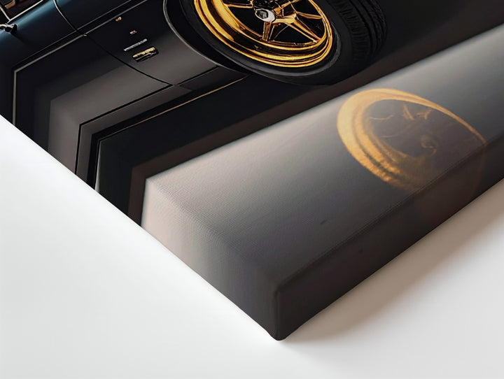Matte Black Restomod Muscle Car Canvas – Golden Rims in Studio Spotlight - Gifitto