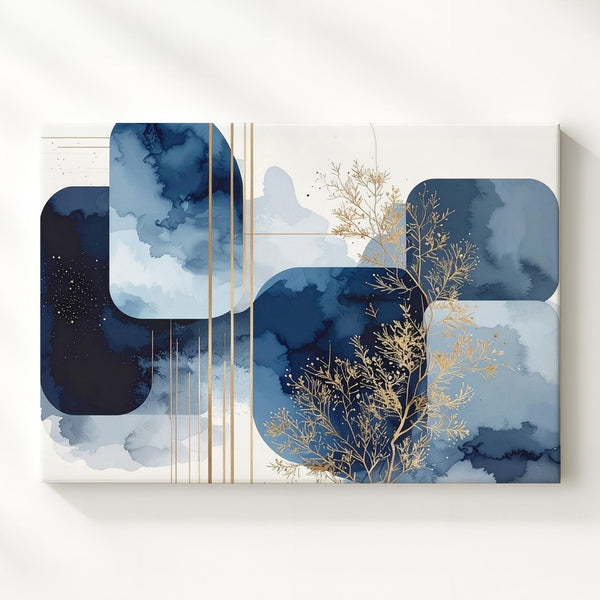 Celestial Geometry Abstract Canvas – Blue Indigo Shapes with Gold Botanical Art - Gifitto